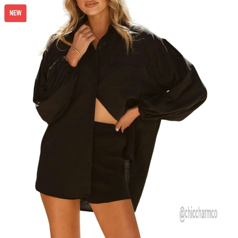 Long Sleeve Linen Button Down Shirt Oversized Balloon Sleeve Tunic